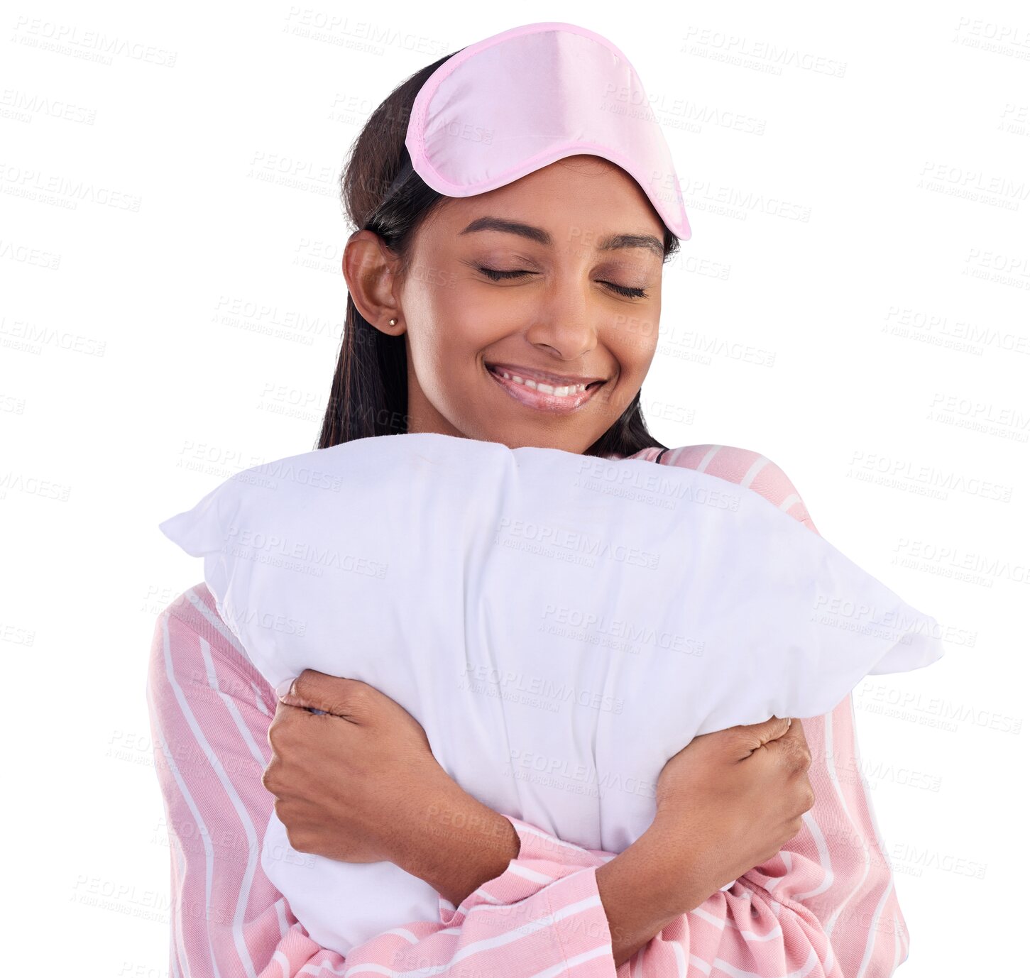 Buy stock photo Pillow, hug and happy woman with pajamas, sleep mask and fashion on isolated, transparent or png background. Girl, sleepover or happiness on face with comfortable clothes or skincare for bed or night