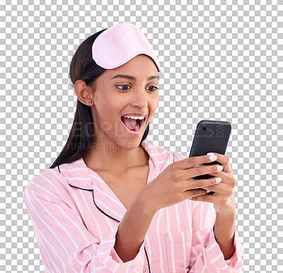 Pajamas, shocked and woman surprised at her phone due to good news notification isolated in a studio blue background. Excited, cellphone and female with wow expression for a discount or sale