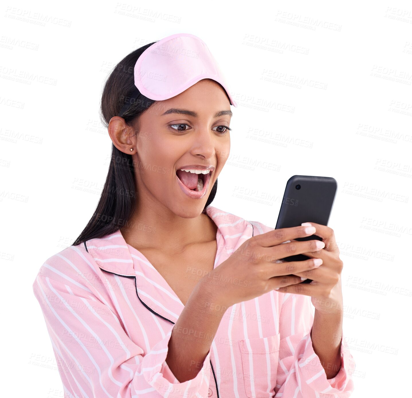 Buy stock photo Phone, wow and woman with pajamas in studio isolated on a png transparent background browsing social media. Smartphone, person and surprised with happiness for internet post, web email or online chat