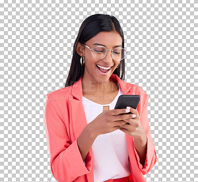 Buy stock photo Business woman, phone and happy news, social media meme or funny networking in marketing career. Employee or indian person typing on mobile with wow for chat isolated on a transparent png background