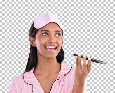 Woman in pajamas, smartphone and phone call on speaker, conversation and smile against a blue studio background. Female, cellphone and girl in sleepwear, chatting and communication with joy and plans