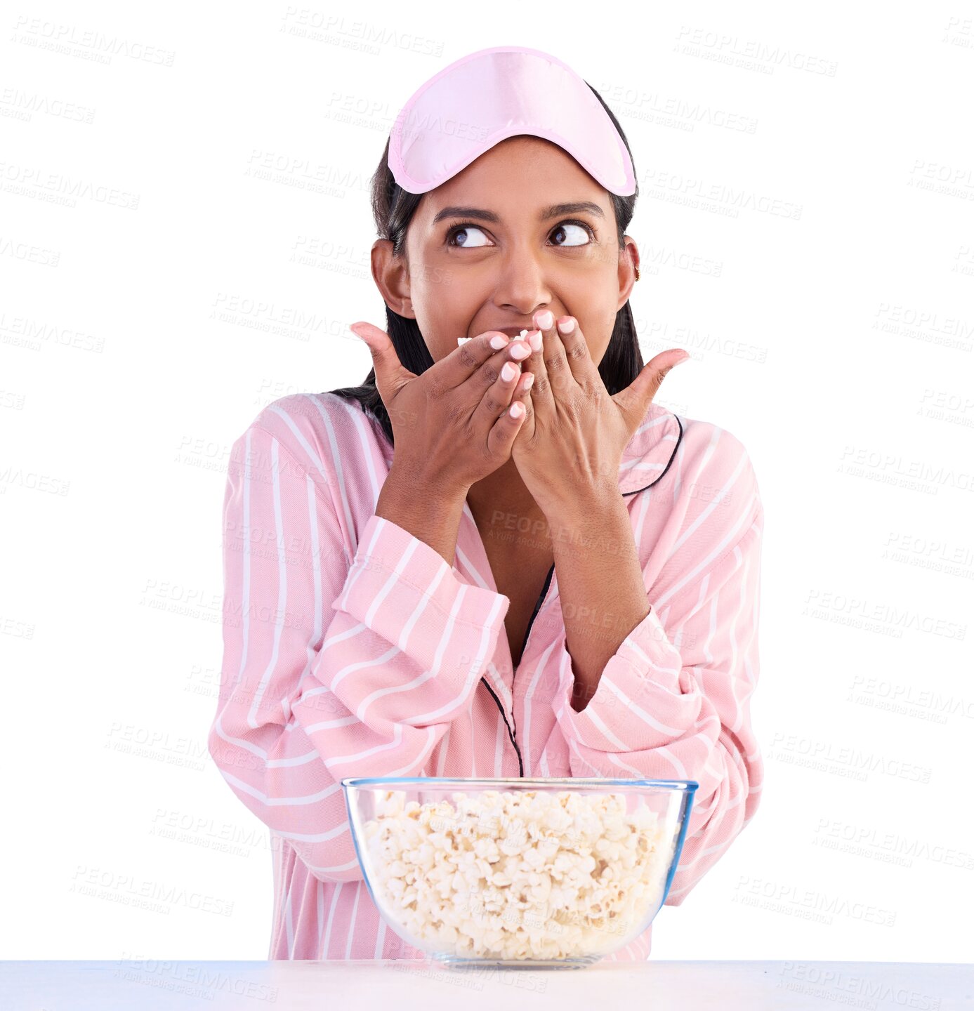 Buy stock photo Woman, pink pajamas and popcorn with excitement for movie in entertainment isolated on a transparent png background. Female person, sleep mask and streaming for film with snack, video and happiness