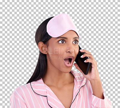 Buy stock photo Shock, gossip and young woman on a phone call with wow, omg and wtf face expression for news. Surprise, sleepover and girl on mobile conversation with cellphone isolated by transparent png background