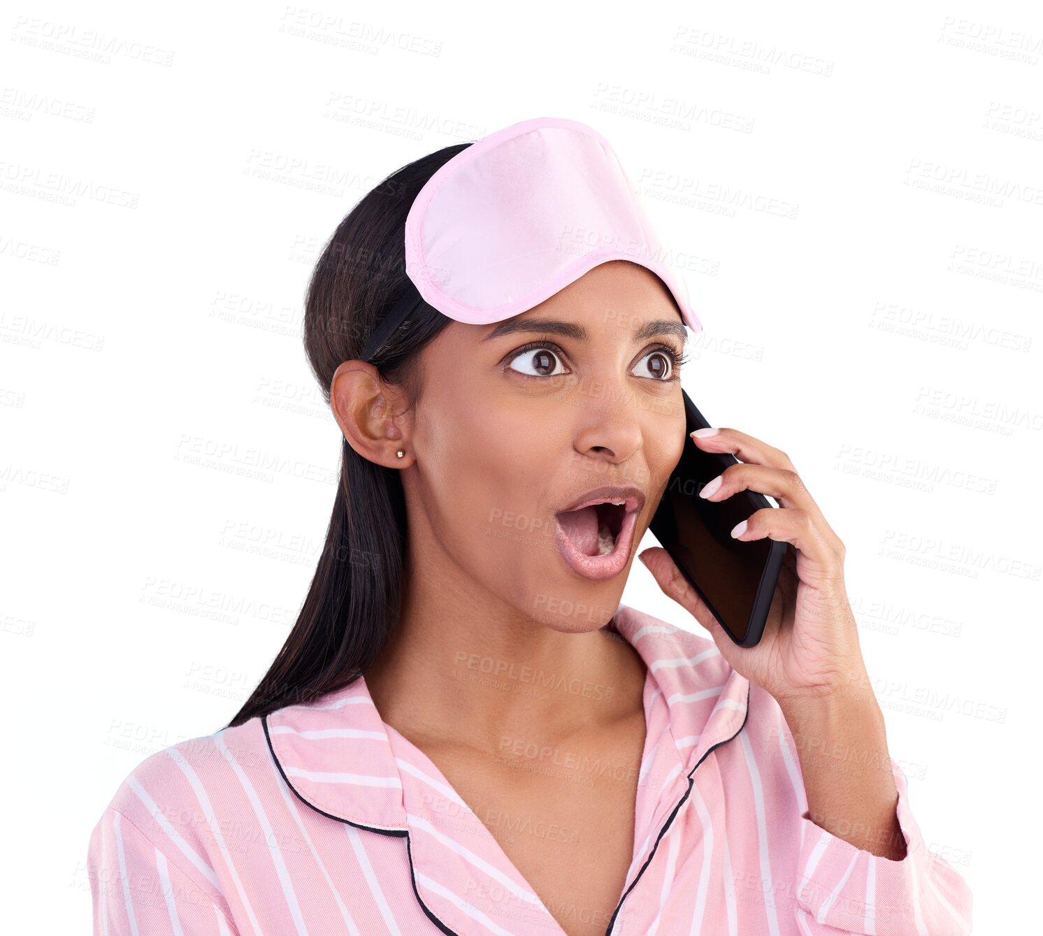 Buy stock photo Shock, gossip and young woman on a phone call with wow, omg and wtf face expression for news. Surprise, sleepover and girl on mobile conversation with cellphone isolated by transparent png background