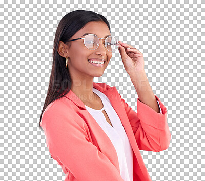 Buy stock photo Isolated business woman, glasses and portrait with smile for eye care, health and transparent png background. Indian entrepreneur, fashion and happy with prescription lens, vintage frame and vision