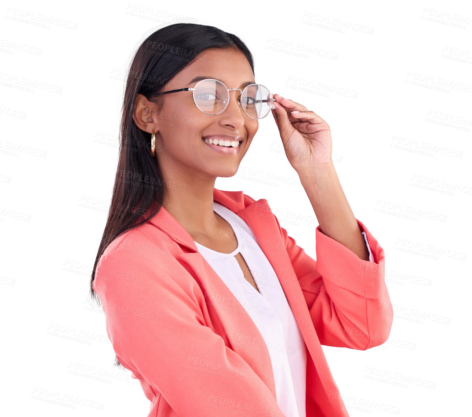 Buy stock photo Isolated business woman, glasses and portrait with smile for eye care, health and transparent png background. Indian entrepreneur, fashion and happy with prescription lens, vintage frame and vision