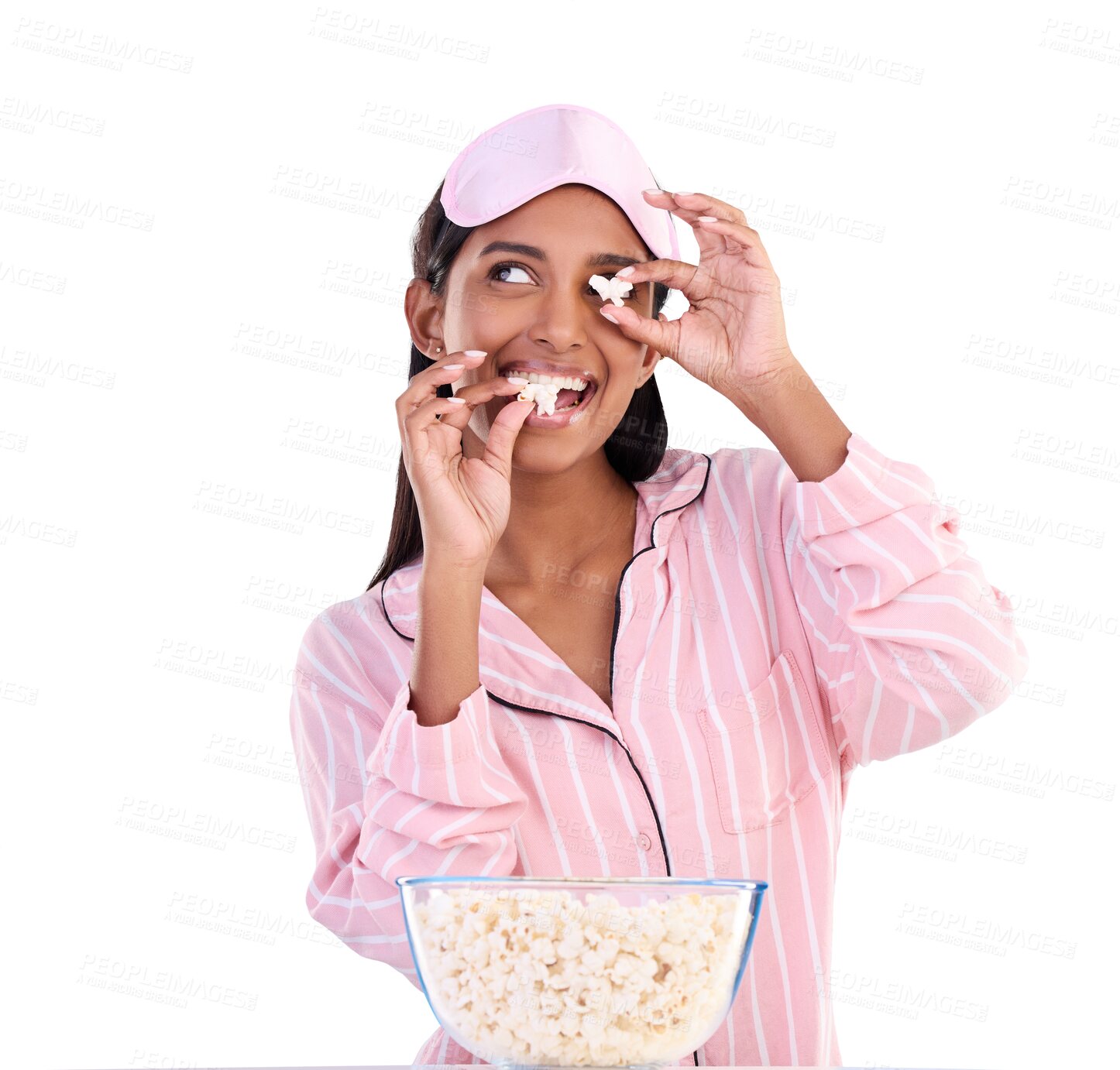 Buy stock photo Popcorn, pajamas and smile with a woman, playing and entertainment isolated on a transparent background. Person, happy girl and model with cinema snack, food and fun with png, streaming and movie