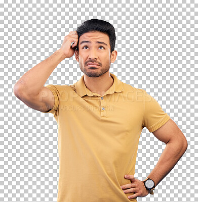 Buy stock photo Man, thinking and hands for face, confused and brainstorming to problem solve, doubt and isolated on a transparent png background. Model, question and solution by plan, why and choice for strategy