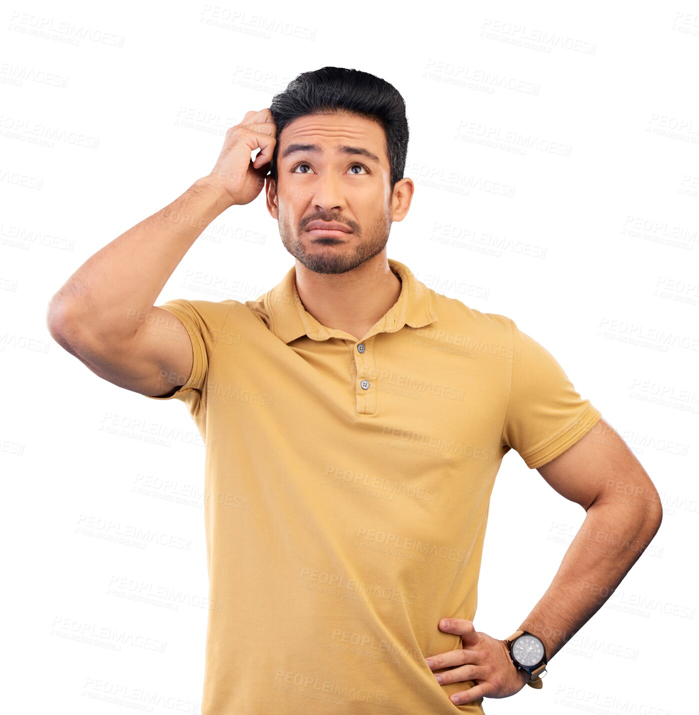 Buy stock photo Man, thinking and hands for face, confused and brainstorming to problem solve, doubt and isolated on a transparent png background. Model, question and solution by plan, why and choice for strategy