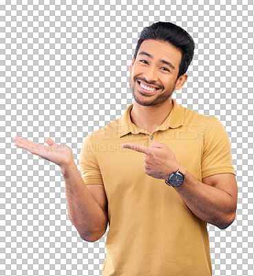 Buy stock photo Man, portrait and open palm with pointing for advertising space isolated on transparent png background. Happy Asian male, promotion and presentation for information or news, advice and review