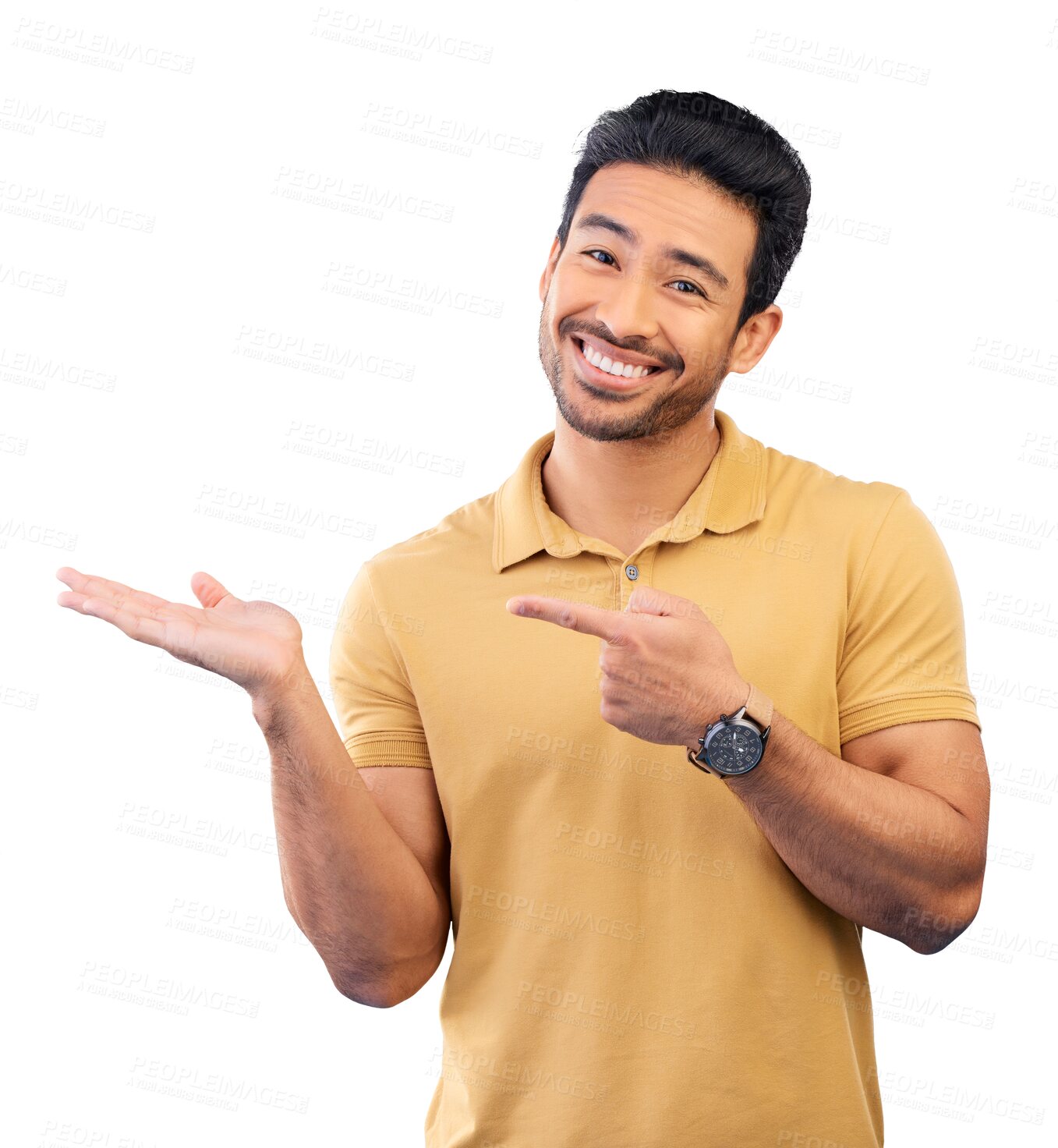 Buy stock photo Man, portrait and open palm with pointing for advertising space isolated on transparent png background. Happy Asian male, promotion and presentation for information or news, advice and review