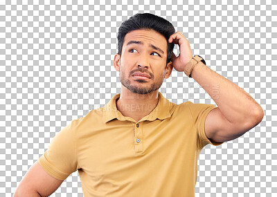 Buy stock photo Confused, thinking and man with a question, why or decision for problem solving on isolated, transparent or png background. Face, remember and asian person unsure about memory, ideas or mistake