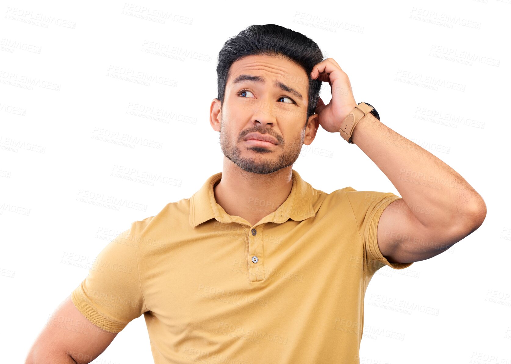 Buy stock photo Confused, thinking and man with a question, why or decision for problem solving on isolated, transparent or png background. Face, remember and asian person unsure about memory, ideas or mistake