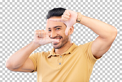 Buy stock photo Portrait, frame and hands with Asian man, smile and perspective isolated on a transparent background. Face, Japanese person and happy model with photography, finger framing and creativity with png