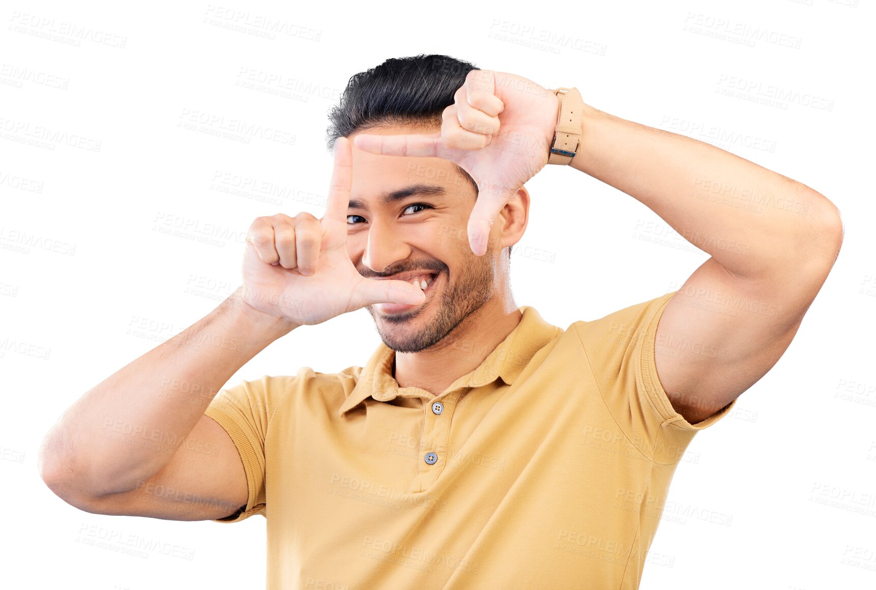 Buy stock photo Portrait, frame and hands with Asian man, smile and perspective isolated on a transparent background. Face, Japanese person and happy model with photography, finger framing and creativity with png