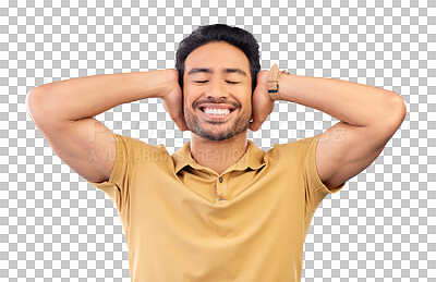 Buy stock photo Smile, silence and man cover ears, noise and happy person isolated on a transparent background. Guy, peace and model with happiness, silent and gesture with png, relax and adhd with calm and joyful