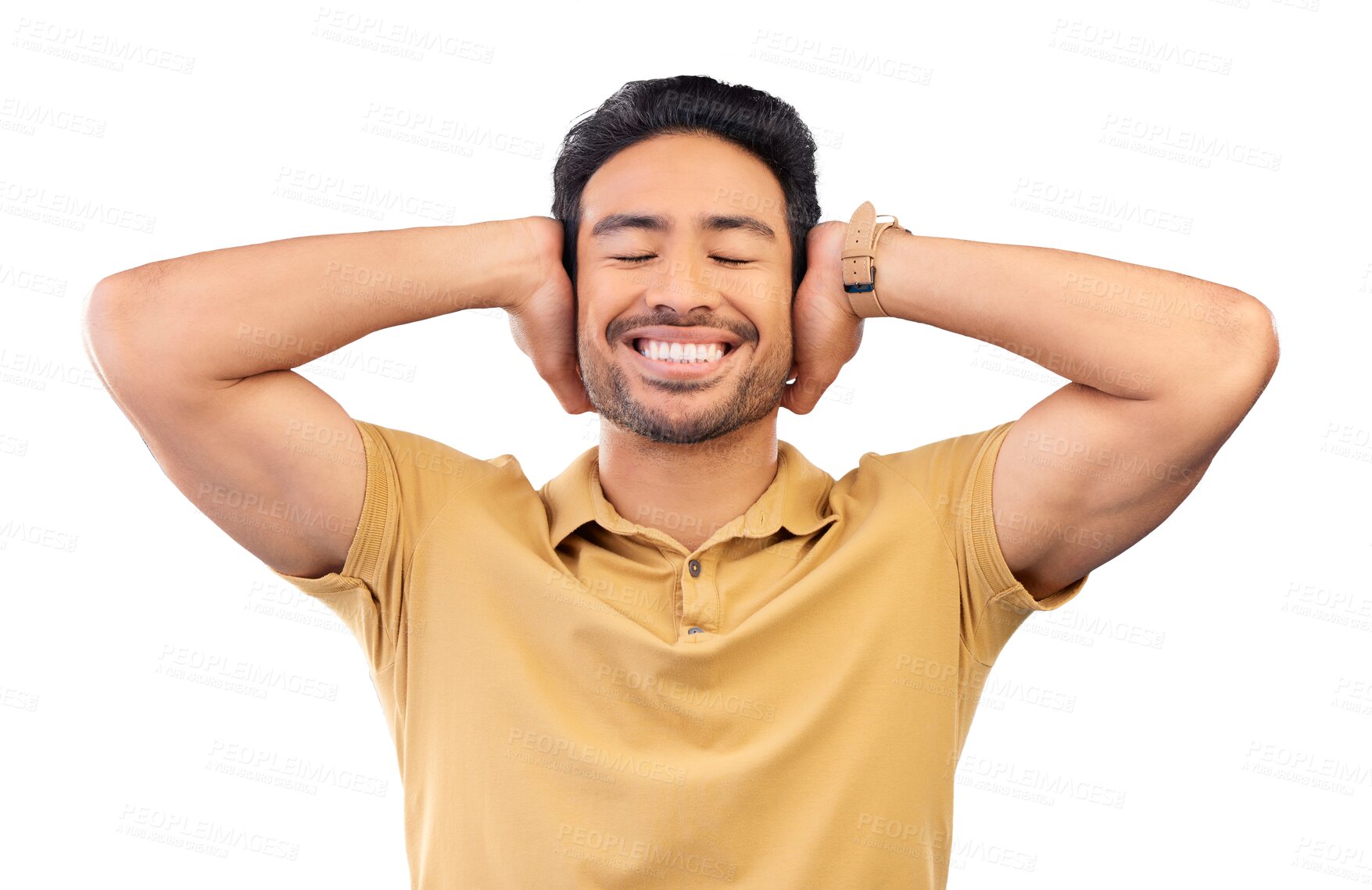 Buy stock photo Smile, silence and man cover ears, noise and happy person isolated on a transparent background. Guy, peace and model with happiness, silent and gesture with png, relax and adhd with calm and joyful