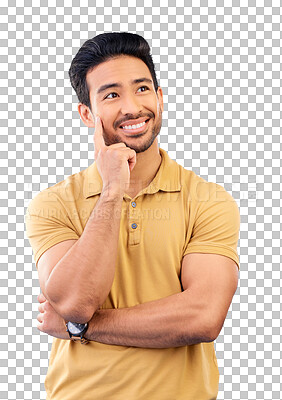 Buy stock photo Thinking, idea and Asian man with crossed arms smile for brainstorming, inspiration and solution. Wonder, thought and person on isolated, png and transparent background for choice, decision or option