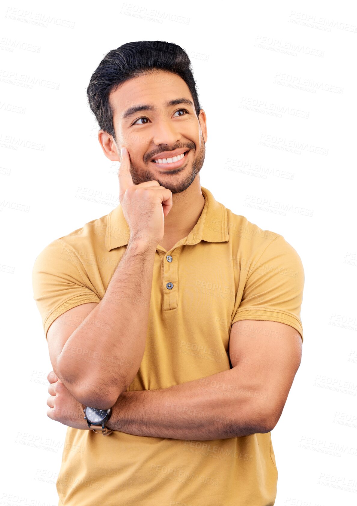 Buy stock photo Thinking, idea and Asian man with crossed arms smile for brainstorming, inspiration and solution. Wonder, thought and person on isolated, png and transparent background for choice, decision or option