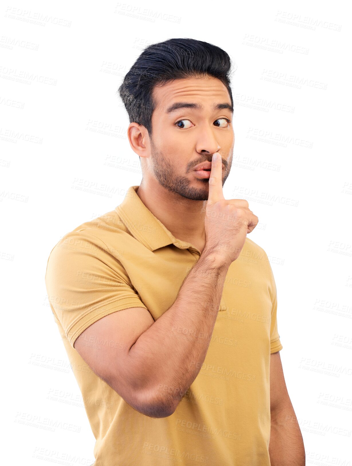 Buy stock photo Man, secret and finger on lips for announcement or quiet isolated on transparent png background. Asian male, privacy and silence or hand on mouth for gossip, confidential or mystery and whisper 


