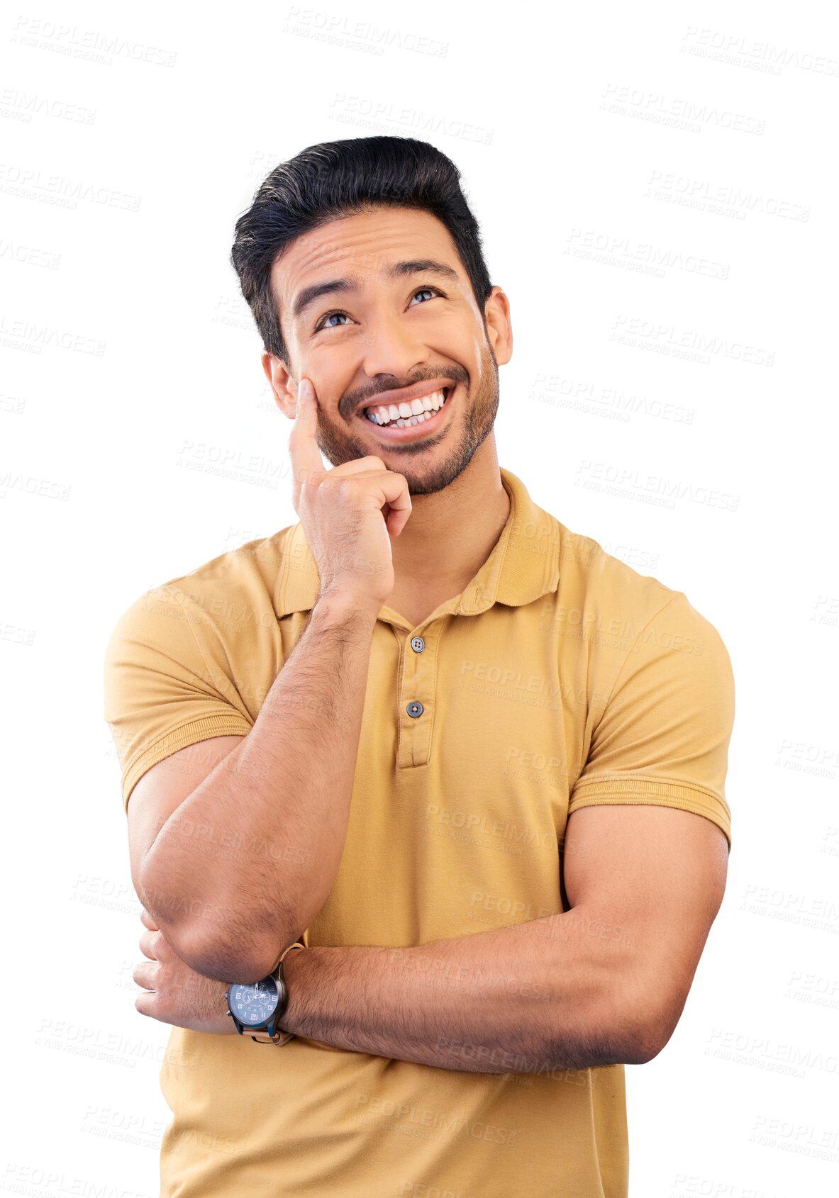 Buy stock photo Thinking, idea and happy Asian man with crossed arms for brainstorming, inspiration and solution. Wonder, thought and person on isolated, png and transparent background for choice, decision or option