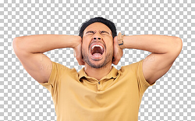 Buy stock photo Man, scream and stress with hands over ears in frustration with anxiety, headache and eyes closed. Asian model, angry and isolated on a transparent png background for mental health, burnout and pain