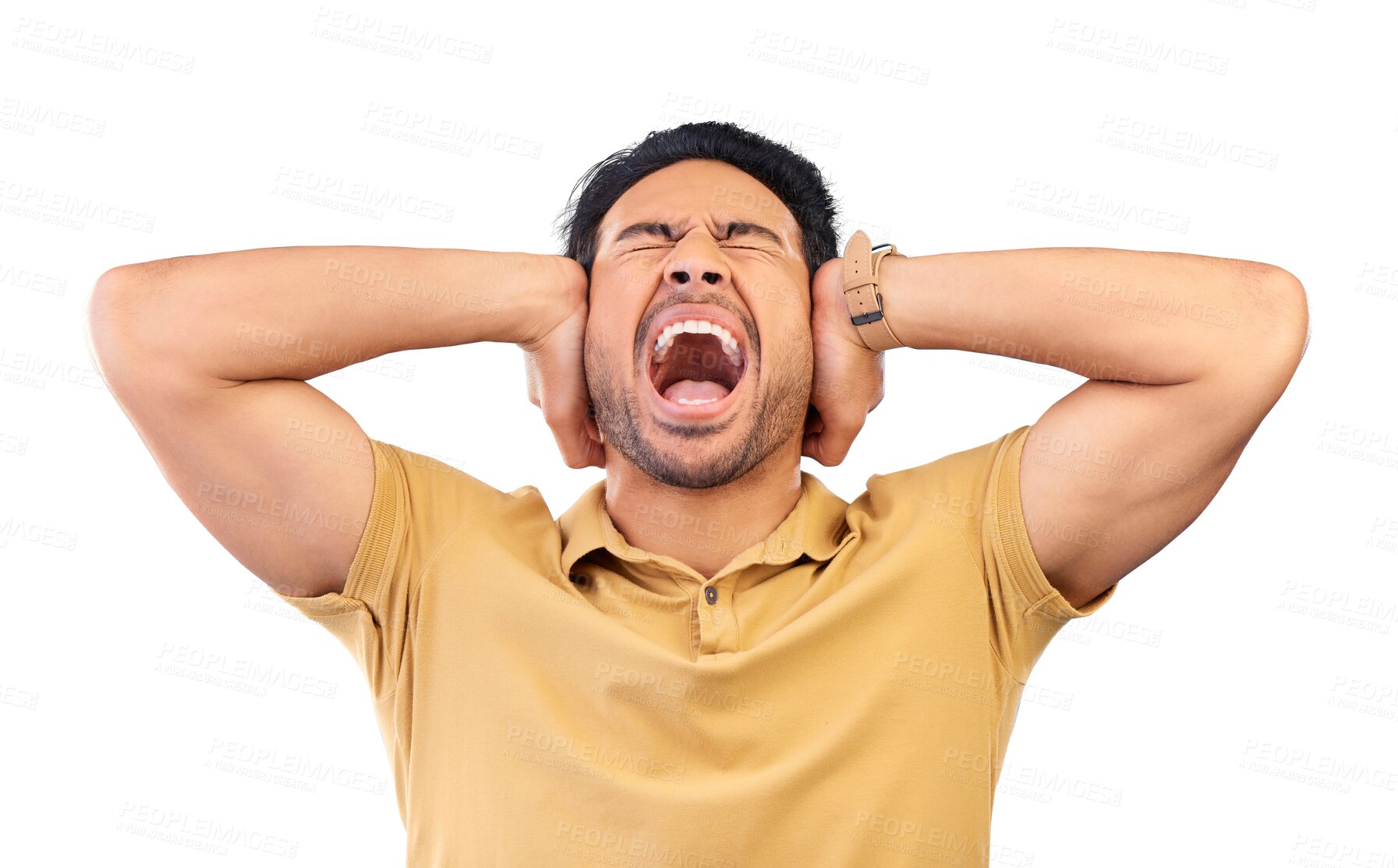 Buy stock photo Man, scream and stress with hands over ears in frustration with anxiety, headache and eyes closed. Asian model, angry and isolated on a transparent png background for mental health, burnout and pain