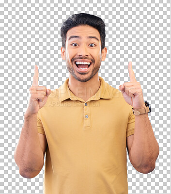 Buy stock photo Wow, portrait and man pointing up to space, presentation and commercial promotion. Face, surprise and gesture of happy person advertising, marketing offer and isolated on a transparent png background