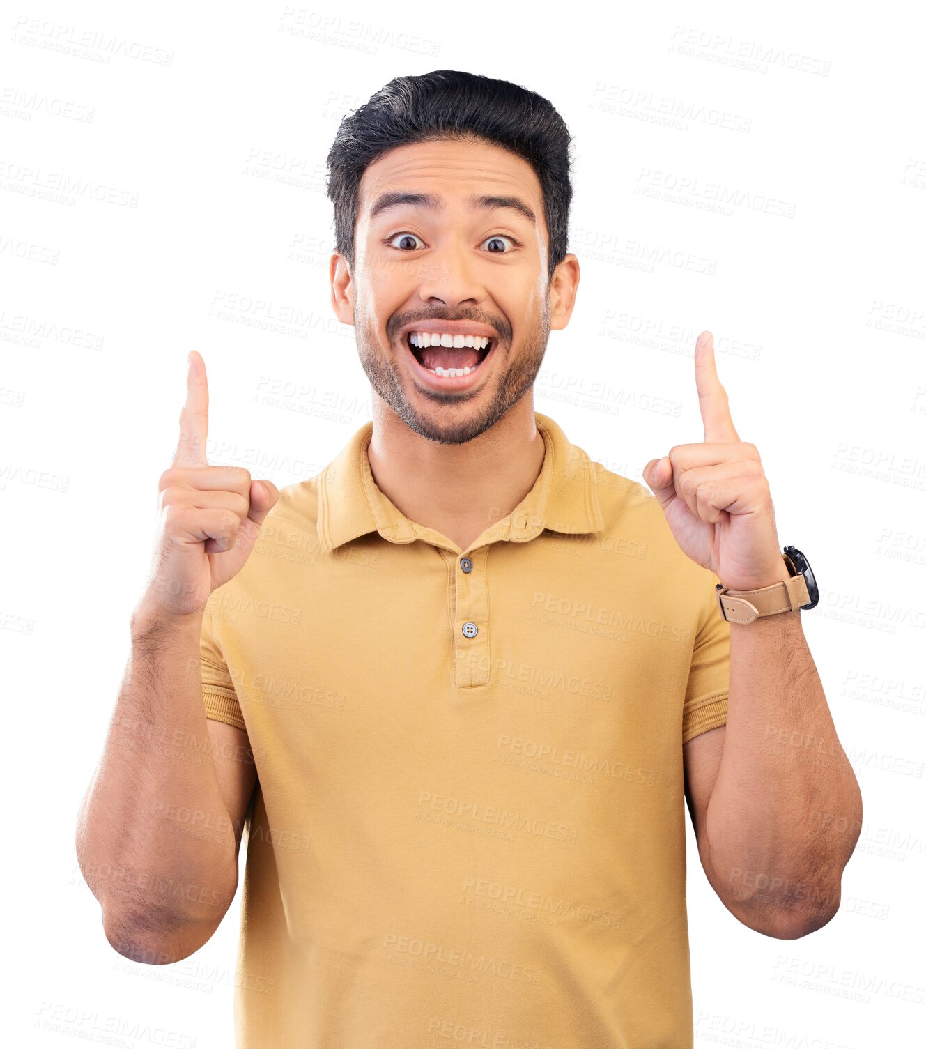 Buy stock photo Wow, portrait and man pointing up to space, presentation and commercial promotion. Face, surprise and gesture of happy person advertising, marketing offer and isolated on a transparent png background