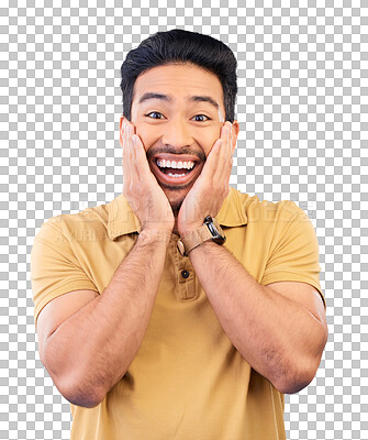 Buy stock photo Portrait, surprise and man with a smile, announcement and news isolated on a transparent background. Face, person and model with facial expression, shock or friendly with wow, excited or omg with png