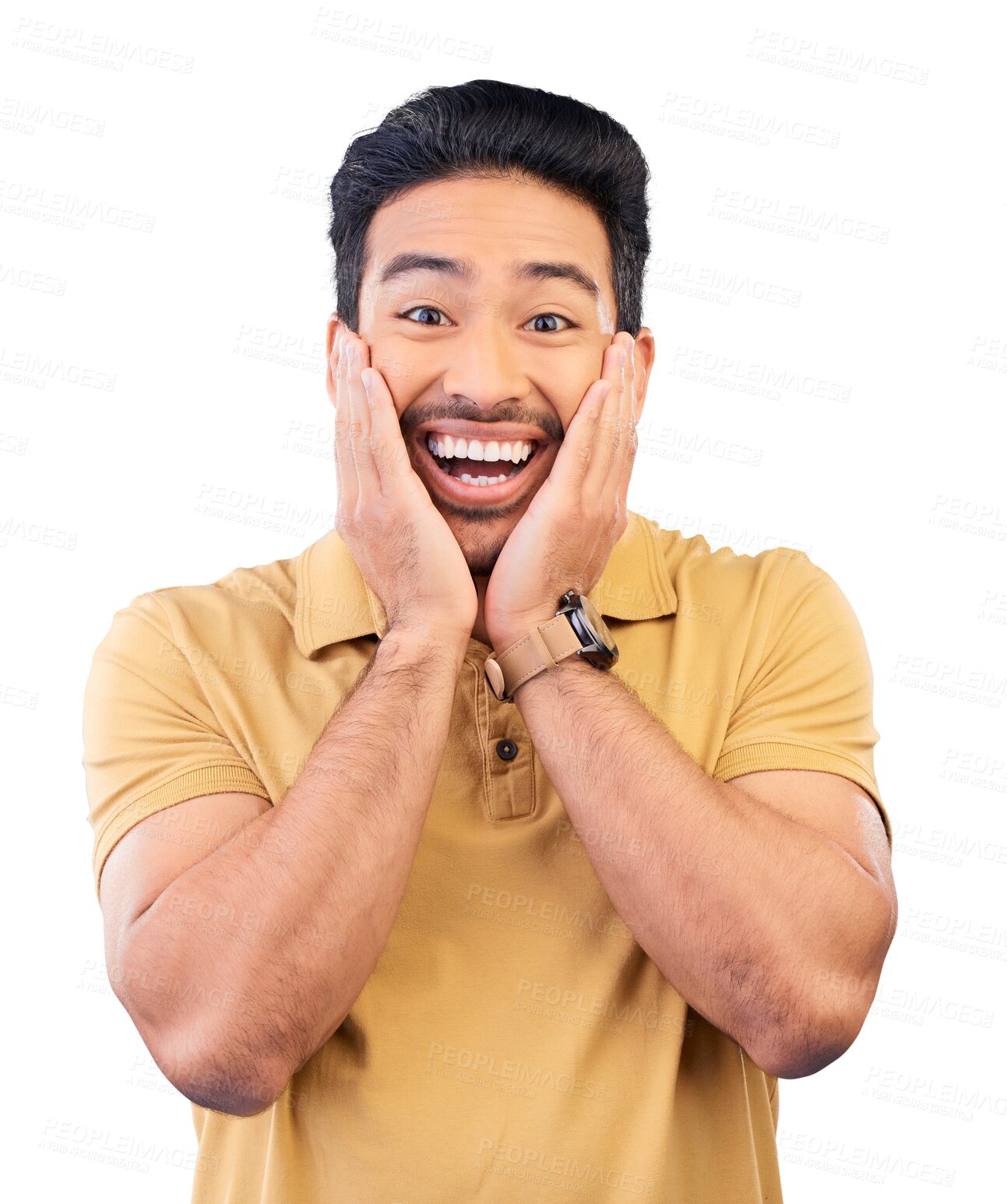 Buy stock photo Portrait, surprise and man with a smile, announcement and news isolated on a transparent background. Face, person and model with facial expression, shock or friendly with wow, excited or omg with png