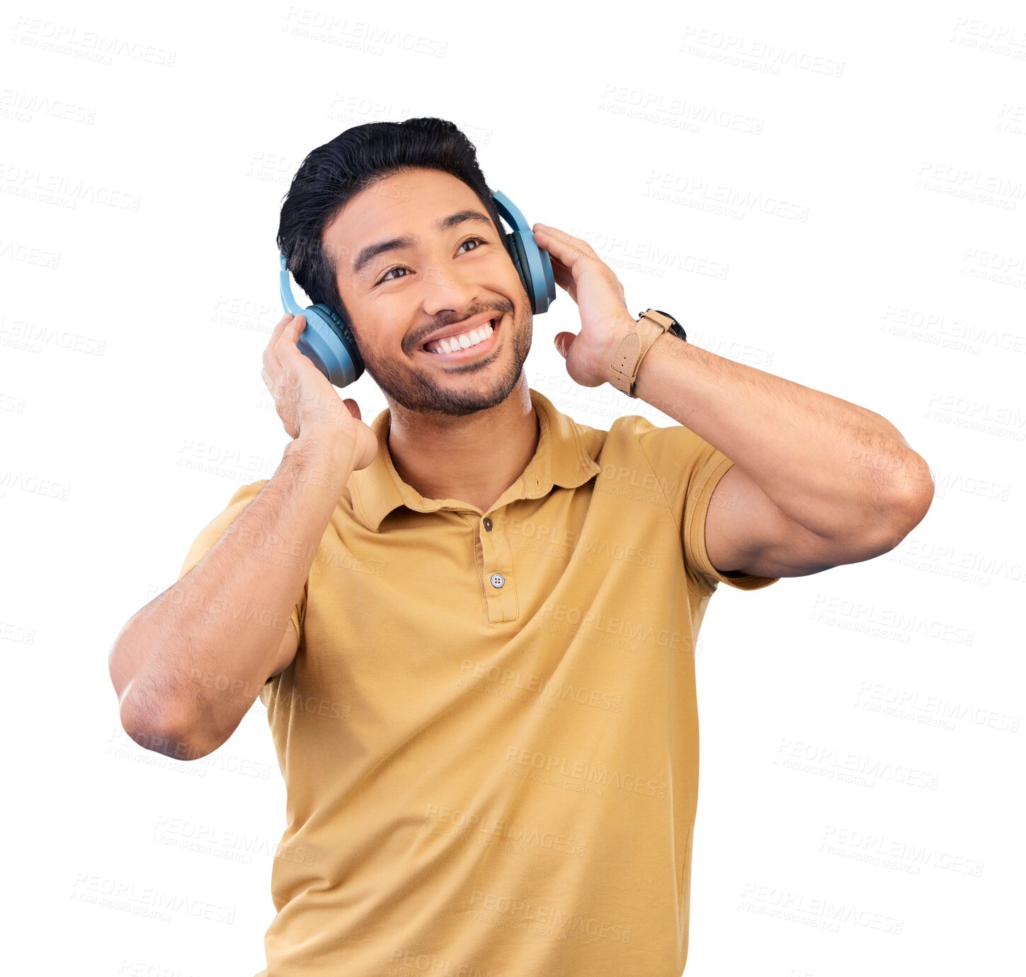 Buy stock photo Listening, music and asian man with smile or headphones isolated on png transparent background in studio with streaming. Happy, person and song or podcast for entertainment with audio or media fun