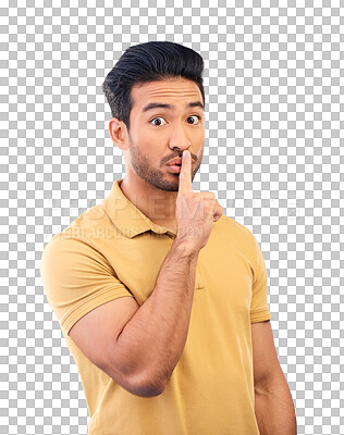 Buy stock photo Asian man, portrait and secret with finger on lips for silence, quiet and stop noise isolated on a transparent PNG background. Face of young guy cover mouth for deal, confidential and privacy emoji