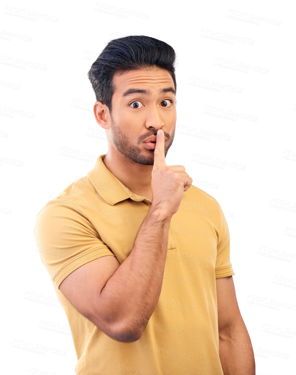 Buy stock photo Asian man, portrait and secret with finger on lips for silence, quiet and stop noise isolated on a transparent PNG background. Face of young guy cover mouth for deal, confidential and privacy emoji