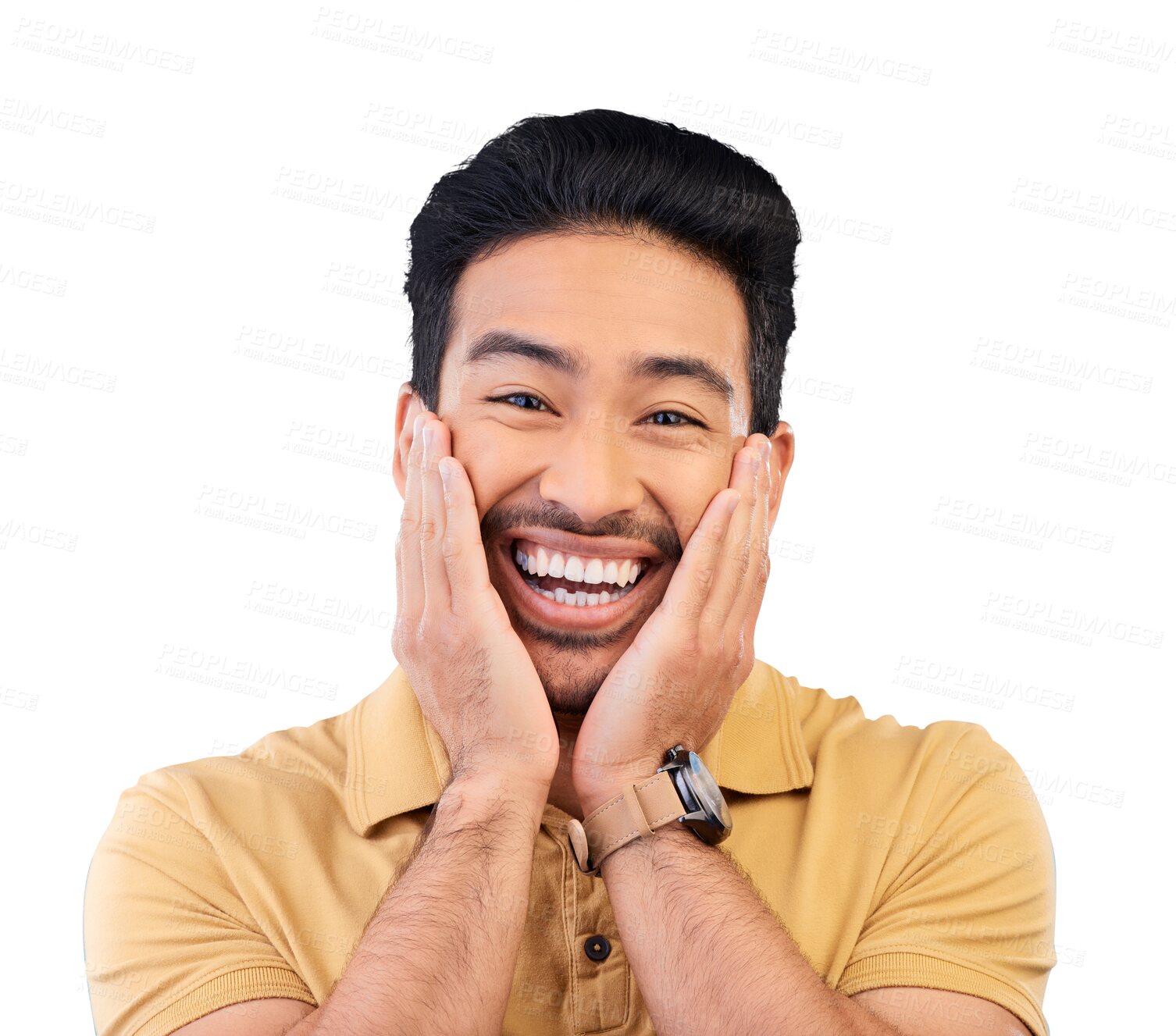 Buy stock photo Portrait, surprise and man with a smile, wow and announcement isolated on a transparent background. Face, asian person and facial expression, emoji or model with news, excited or omg with png