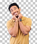 Happy, smile and man in studio with a dreaming or sweet memory o