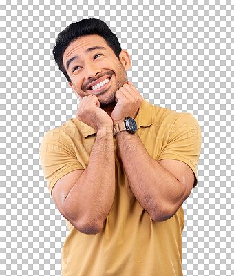 Buy stock photo Happy, smile and man or thinking of a dream, memory or facial expression for vision. Happiness, excited and young model from India with positive mindset isolated on a transparent png background