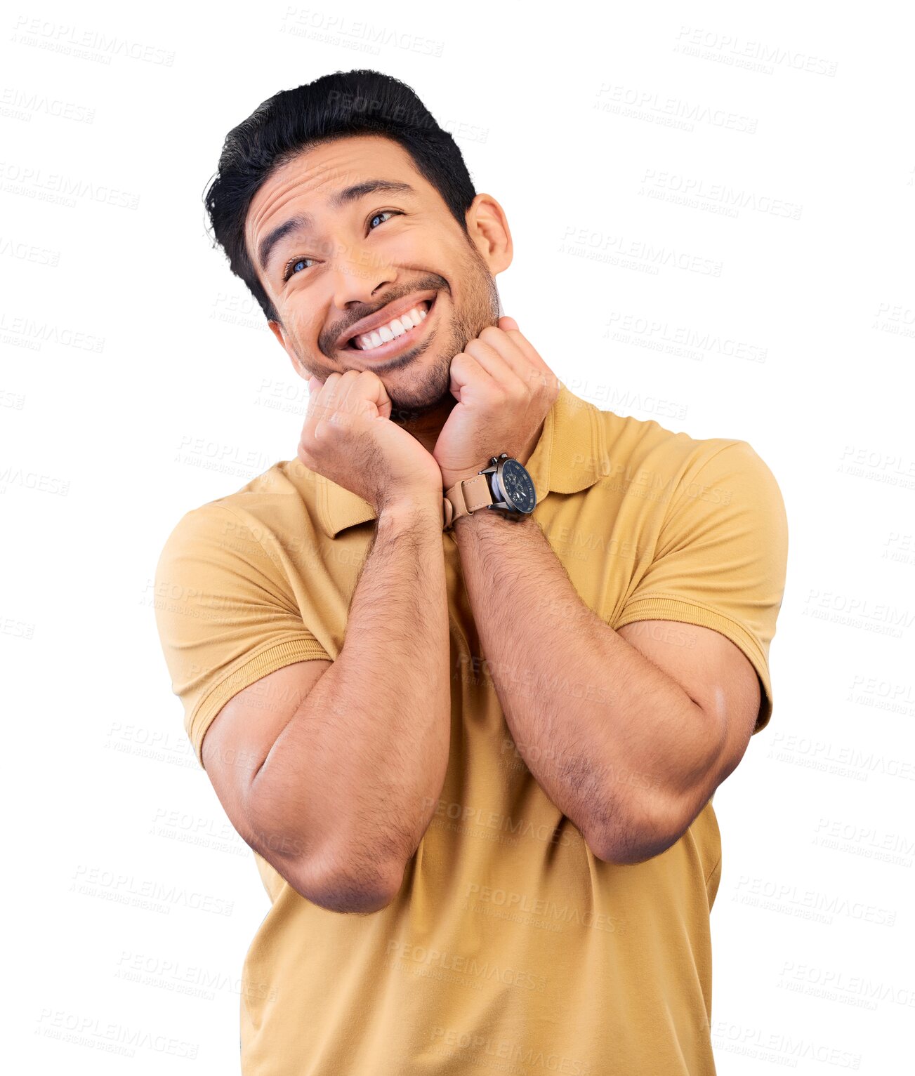 Buy stock photo Happy, smile and man or thinking of a dream, memory or facial expression for vision. Happiness, excited and young model from India with positive mindset isolated on a transparent png background