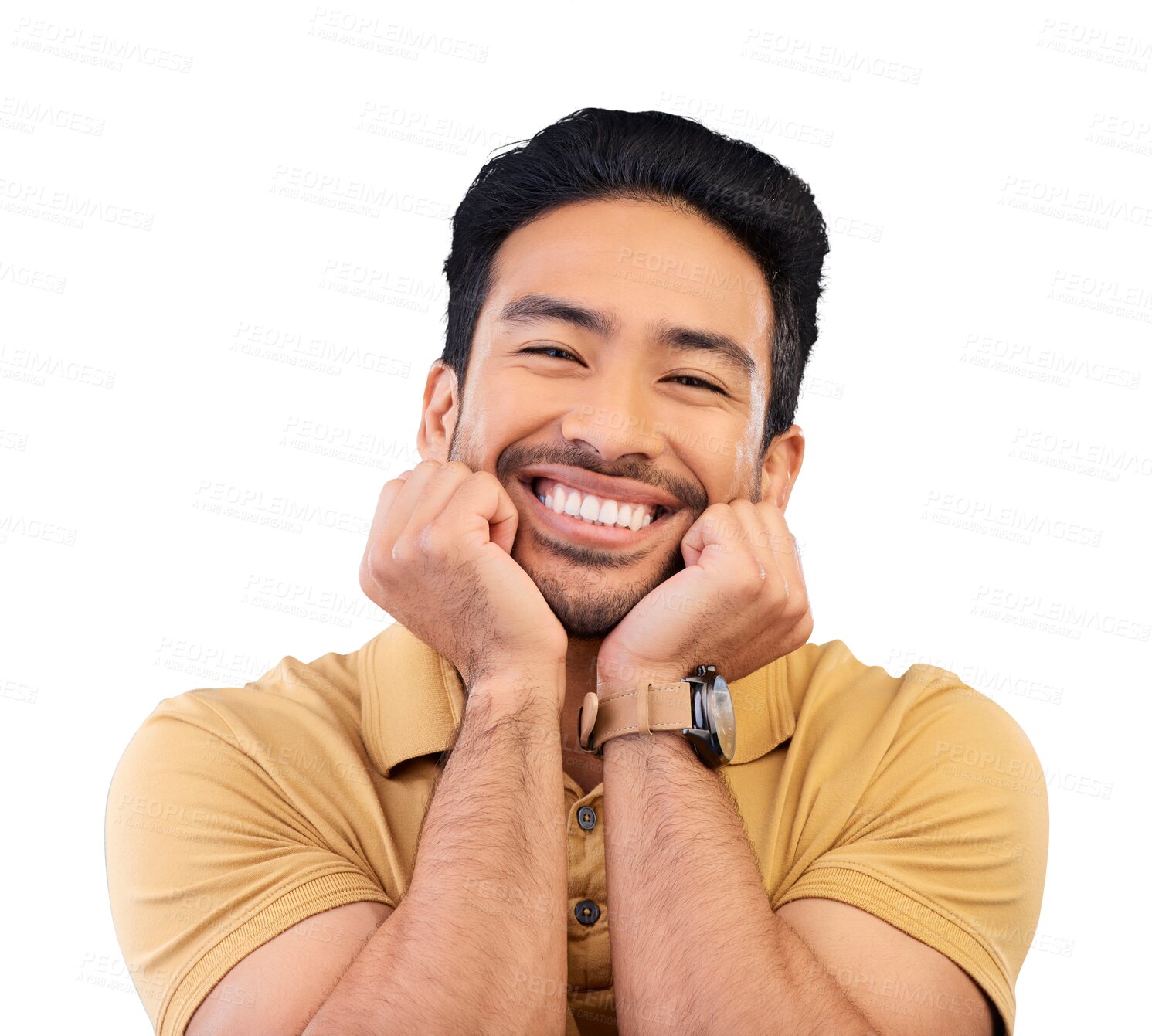 Buy stock photo Portrait, surprise and man with excited, smile and happy emoji isolated on a transparent background. Face, asian person and touch or facial expression, in love or friendly with hands on chin with png