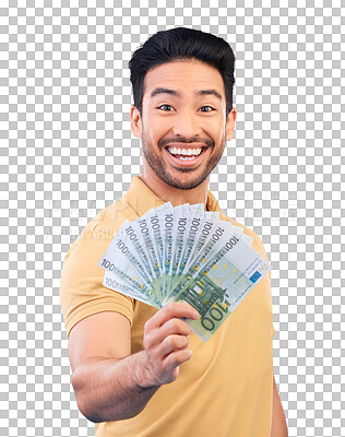 Buy stock photo Happy asian man, portrait and money fan in finance, lottery or savings isolated on a transparent PNG background. Male person with cash flow, paper or bills in financial freedom, profit or investment