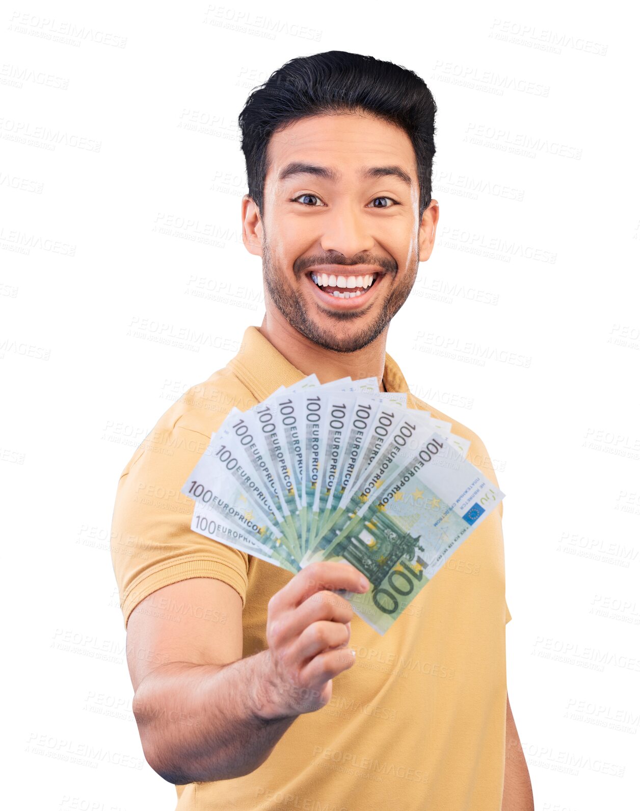 Buy stock photo Happy asian man, portrait and money fan in finance, lottery or savings isolated on a transparent PNG background. Male person with cash flow, paper or bills in financial freedom, profit or investment