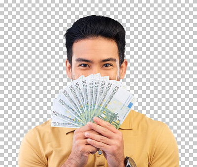 Buy stock photo Asian man, portrait and money fan in finance, lottery or savings isolated on a transparent PNG background. Male person with cash flow, paper or bills in financial freedom, profit or investment growth