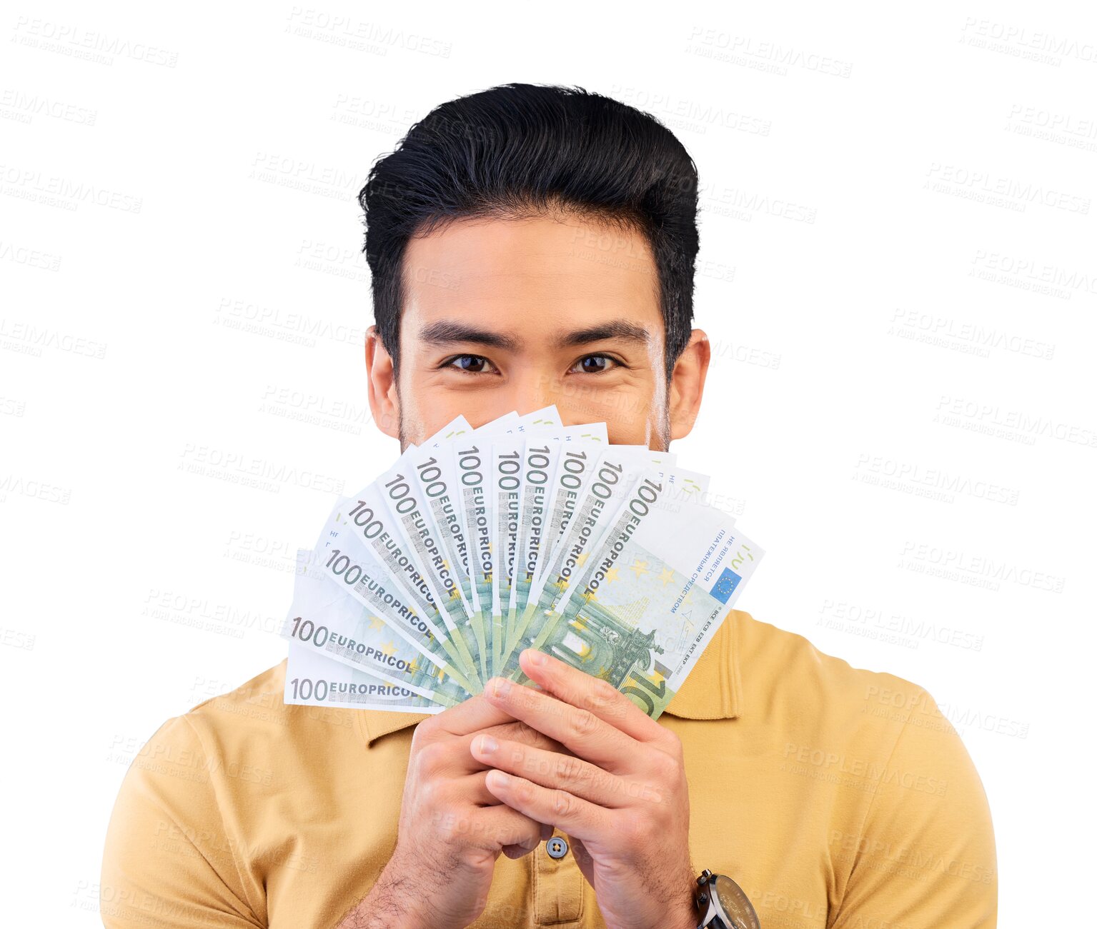 Buy stock photo Asian man, portrait and money fan in finance, lottery or savings isolated on a transparent PNG background. Male person with cash flow, paper or bills in financial freedom, profit or investment growth