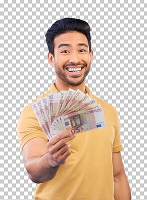 Buy stock photo Asian man, portrait and money fan for savings, winning lottery or finance isolated on a transparent PNG background. Male person with cash, paper or bills in financial freedom, profit or investment