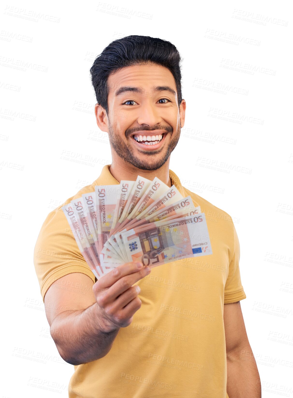 Buy stock photo Asian man, portrait and money fan for savings, winning lottery or finance isolated on a transparent PNG background. Male person with cash, paper or bills in financial freedom, profit or investment