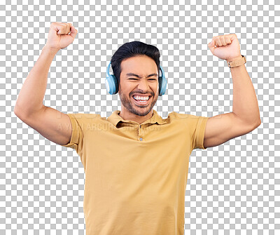 Buy stock photo Dance, music and asian man with smile or headphones isolated on png transparent background in studio with streaming. Happy, person and song or podcast for entertainment with audio or media fun