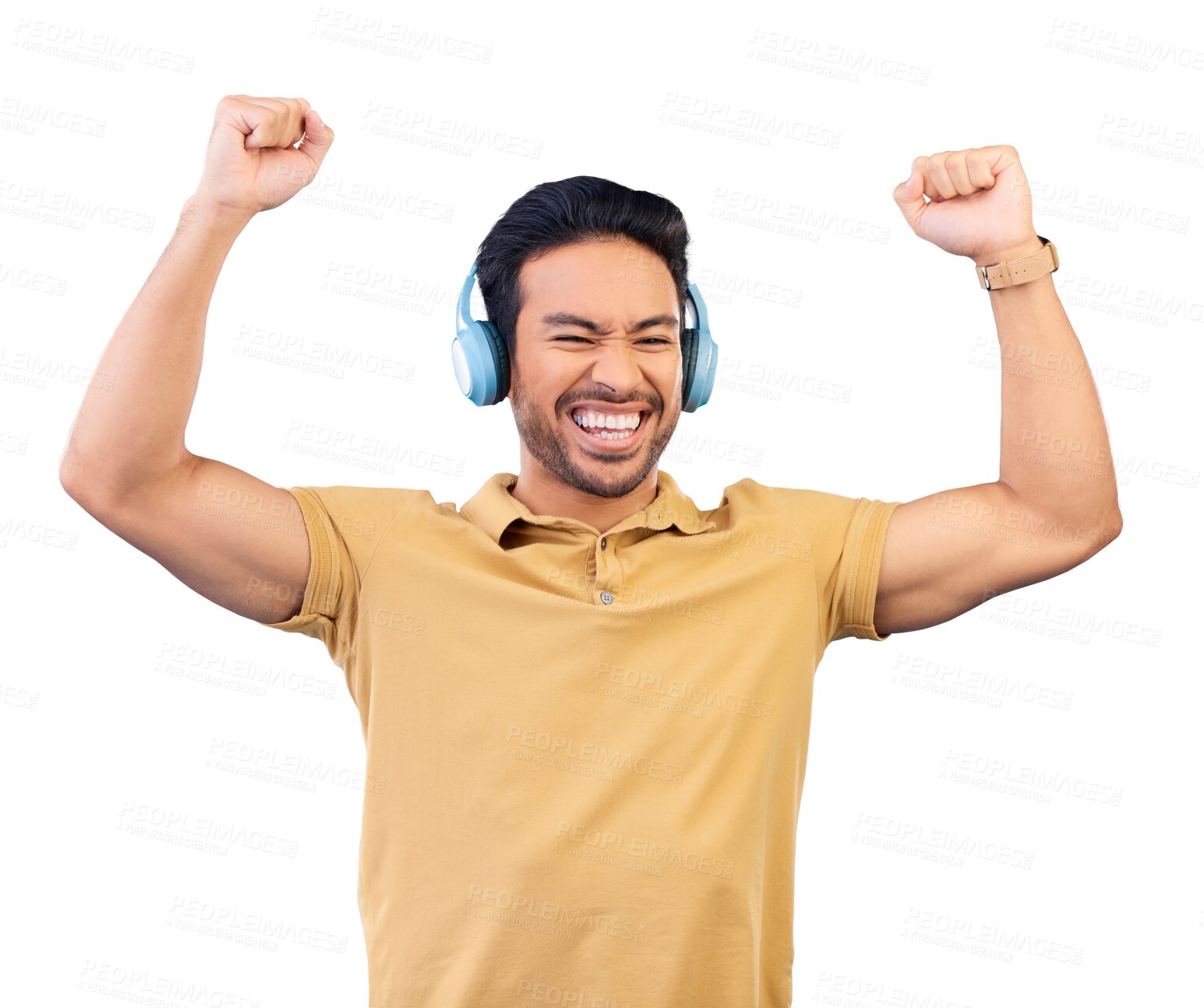 Buy stock photo Dance, music and asian man with smile or headphones isolated on png transparent background in studio with streaming. Happy, person and song or podcast for entertainment with audio or media fun