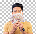 Money, fan and man with wow face isolated on blue, studio backgr