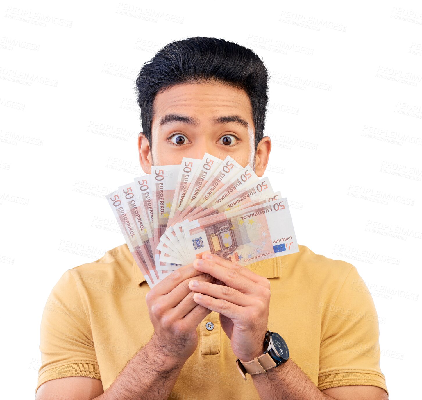 Buy stock photo Asian man, portrait and money fan in lottery, winning or finance savings isolated on a transparent PNG background. Male person with cash, secret or bills in financial freedom, salary or investment