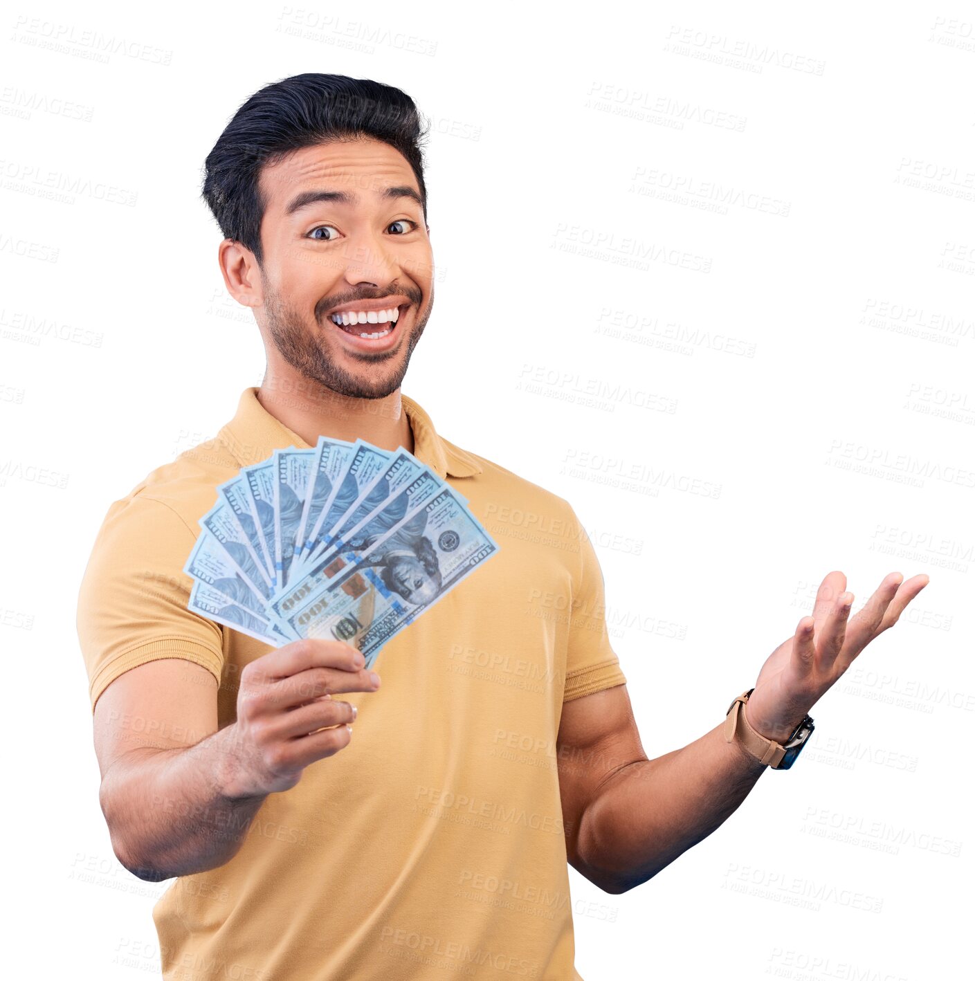 Buy stock photo Happy asian man, portrait and money in winning, finance or investment isolated on a transparent PNG background. Male person with cash flow, paper or bills in financial freedom, grow profit or savings